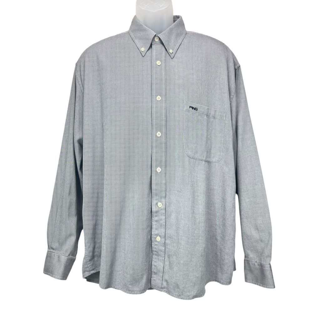 PING Men XL 100% Cotton Long‎ Sleeve Button Up Shirt Gray/White Stripe Pattern